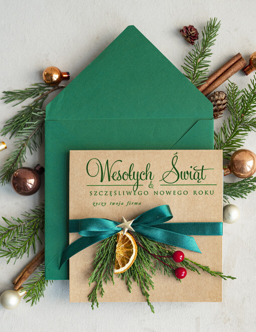 natural ekologiczna kartka świąteczna z twoim logo, biznesowe kartki świąteczne z życzeniami, naturalna eko karta swiateczna