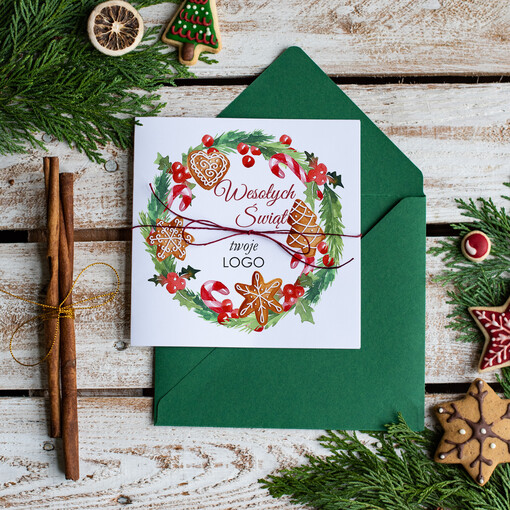 Retro/nowoczesne firmowe kartki świąteczne z logo twojej firmy, pure kartki świąteczne ze wstążką
