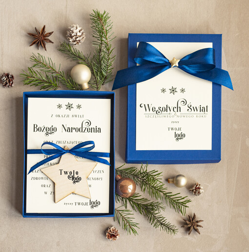 kartka pudełko Biznesowe kartki świąteczne z logo w pudełku z bombką gwiazka na choinkę- drewniane zawieszki na choinkę prezent dla klientów