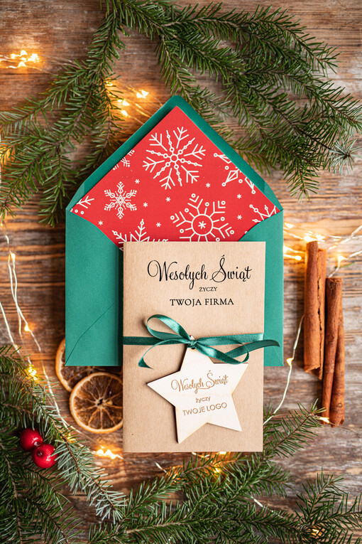 z magnesem lub zawieszką na choinkę kartka świąteczna z waszym logo kartka z drewniana bombką na choinkę