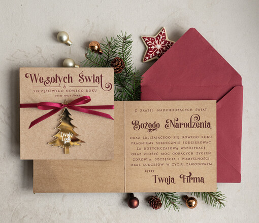 z magnesem lub zawieszką na choinkę bożonarodzeniowa kartka świateczna dla Firm, kartki swiateczne z logo twojej firmy, biznesowa kartka świąteczna z zawieszką na choinkę