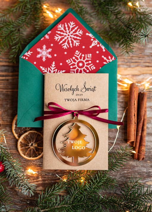 z magnesem lub zawieszką na choinkę kartka świąteczna dla firmy z logo, kolorowe kartki bożonarodzeniowe z zawieszką na choinkę, złota bombka