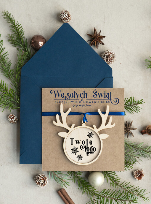 z magnesem lub zawieszką na choinkę Bombka renifer zawieszka na choinkę i  kartka świateczna dla Firm, kartki swiateczne z logo, biznesowa kartka
