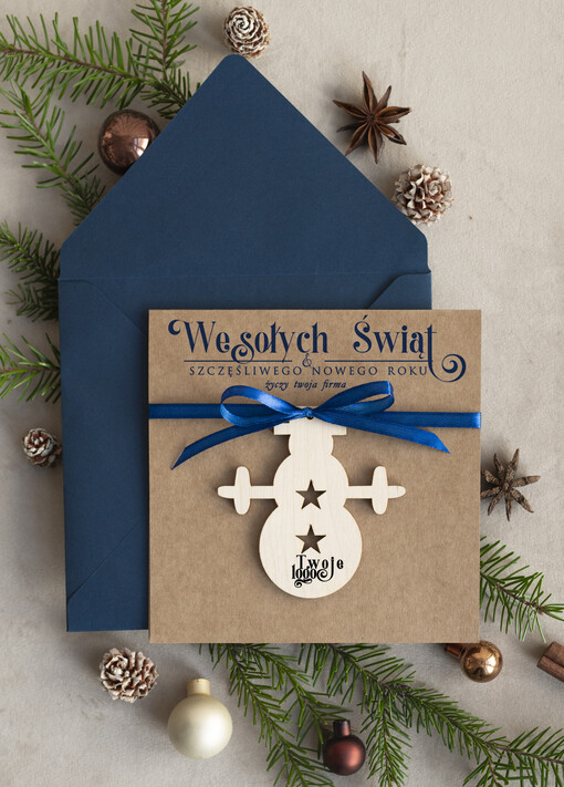 z magnesem lub zawieszką na choinkę Bombka bałwan zawieszka na choinkę i  kartka świateczna dla Firm, kartki swiateczne z logo, biznesowa kartka