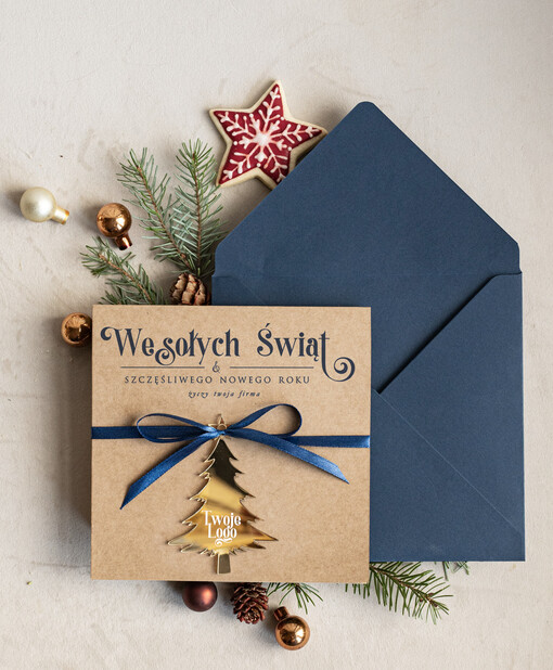 z magnesem lub zawieszką na choinkę bożonarodzeniowa kartka świateczna dla Firm, kartki swiateczne z logo twojej firmy, biznesowa kartka świąteczna z zawieszką na choinkę