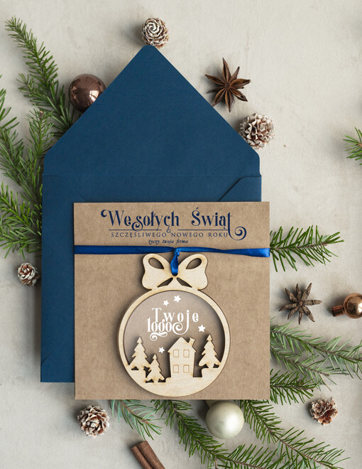 z magnesem lub zawieszką na choinkę Bombka domek zawieszka na choinkę i  kartka świateczna dla Firm, kartki swiateczne z logo, biznesowa kartka