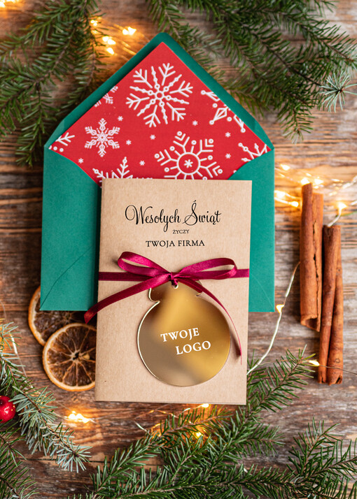 z magnesem lub zawieszką na choinkę kartki świąteczne dla firm Złota bombka zawieszka na choinke z Logo firmy świateczna kartka firmowa bombka