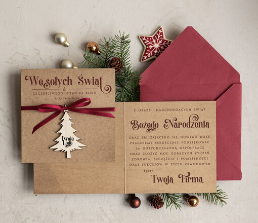 z magnesem lub zawieszką na choinkę bożonarodzeniowa kartka świateczna dla Firm, kartki swiateczne z logo twojej firmy, biznesowa kartka świąteczna z zawieszką na choinkę