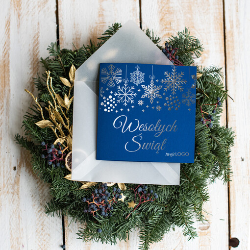 złocone złote kartki swiateczne z logo twojej firmy, złote napisy na kartce świątecznej