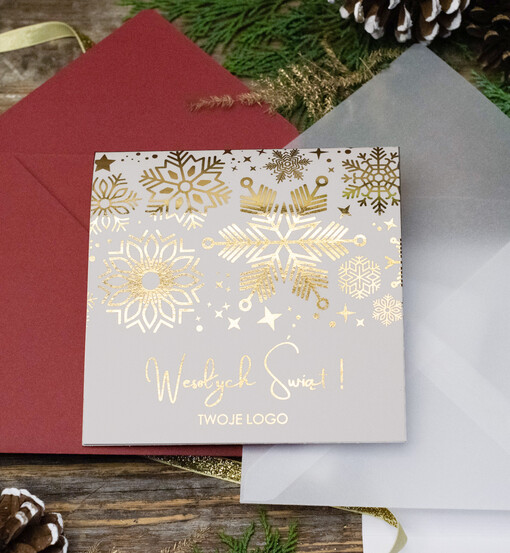 złocone złote ręcznie robione kartki świąteczne z logo firmy, błyszczące złocone karnety świąteczne złote napisy
