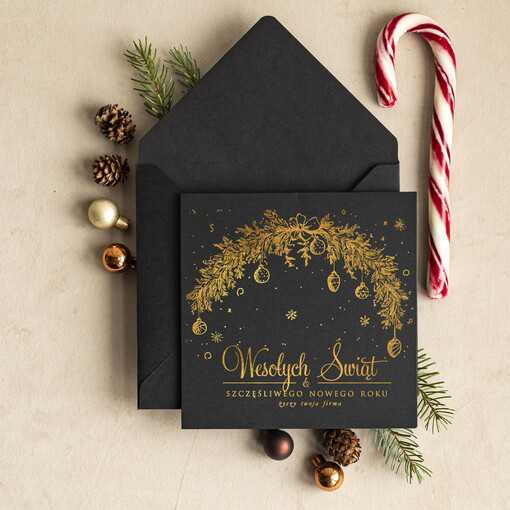 złocone złote kartka świąteczna z logo firmy, złocone kartki bozonarodzeniowe dla klientów, biznesowe kartki świąteczne, firmowe pozłacane karnety