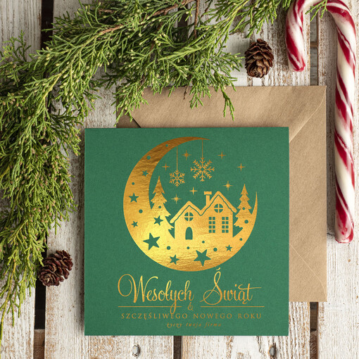 złocone złote elegancka kartka świąteczna dla firmy z logo, błyszczące złocone karnety świąteczne złote napisy, kartki na święta z logo firmy