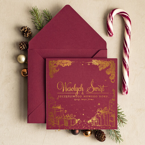 złocone złote kartka świąteczna z logo firmy, złocone kartki bozonarodzeniowe dla klientów, biznesowe kartki świąteczne, firmowe pozłacane karnety, błyszczące złote karnety swiateczne złote napisy