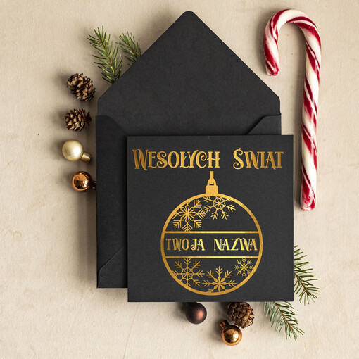 złocone złote kartki świąteczne dla firmy z logo, złote napisy na kartce świątecznej
