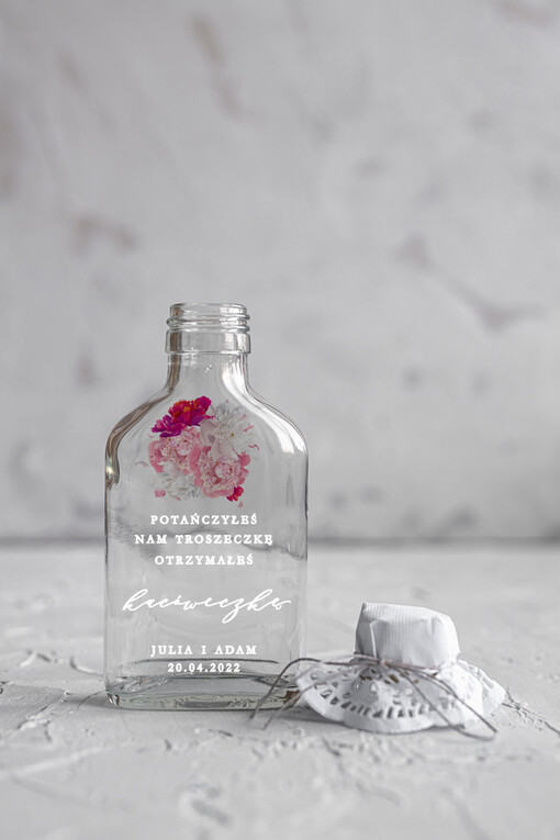 Butelki/słoiczki z nadrukiem UV podziękowania dla gości weselnych kacówki na własny alkohol podarunki dla gości weselnych piersiówka