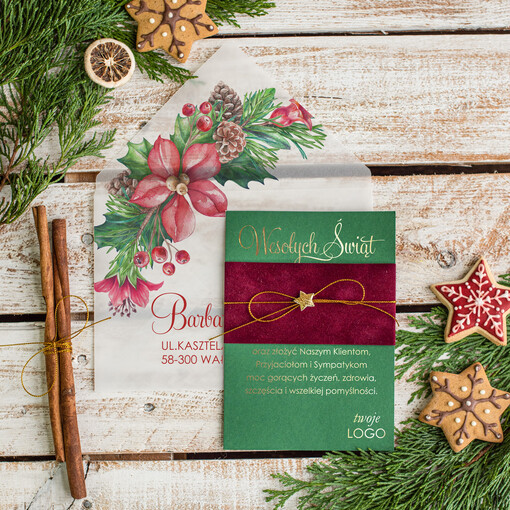 welurowe zielone kartki świąteczne z logo twojej firmy aksamitne zielone kartki świąteczne, firmowe kartki swiateczne, kartki świąteczne dla firm