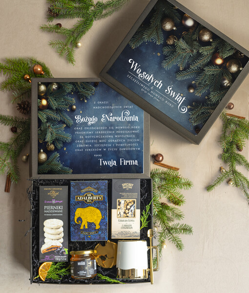 kubki, filiżanki, kubki termiczne  kosz prezentowy premium z kubkiem dla firm, prezent biznesowy z kawą i herbatą, upominki na święta dla pracowników