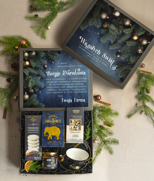 kubki, filiżanki, kubki termiczne  kosz prezentowy premium z kubkiem dla firm, prezent biznesowy z kawą i herbatą, upominki na święta dla pracowników