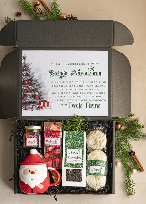 kubki, filiżanki, kubki termiczne Mikołajowy Kubek w zestawie świątecznym z logo firmy , prezenty biznesowe z kawą i herbatą, upominki na święta dla pracowników i kontrahentów, personalizowane prezenty firmowe, zestawy świąteczne z logo,
