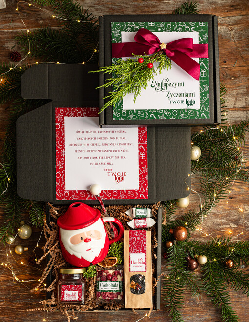 kubki, filiżanki, kubki termiczne Mikołajowy Kubek w zestawie świątecznym z logo firmy , prezenty biznesowe z kawą i herbatą, upominki na święta dla pracowników i kontrahentów, personalizowane prezenty firmowe, zestawy świąteczne z logo,