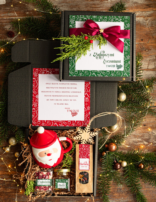 kubki, filiżanki, kubki termiczne Mikołajowy Kubek w zestawie świątecznym z logo firmy , prezenty biznesowe z kawą i herbatą, upominki na święta dla pracowników i kontrahentów, personalizowane prezenty firmowe, zestawy świąteczne z logo,