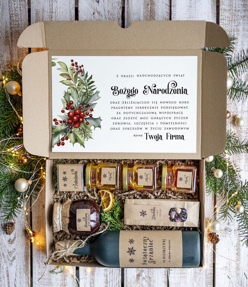 zestawy na rozgrzewkę Oryginalne prezenty świąteczne dla pracowników, kosz prezentowy  z logo upominek świąteczny dla  klientów biznesowych, świąteczne boxy prezentowe