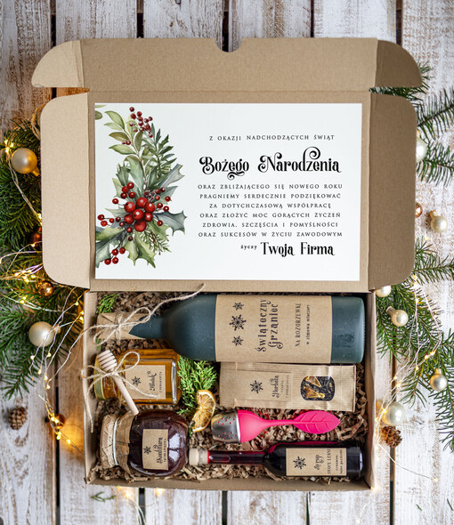 zestawy na rozgrzewkę Oryginalne prezenty świąteczne dla pracowników, kosz prezentowy  z logo upominek świąteczny dla  klientów biznesowych, świąteczne boxy prezentowe