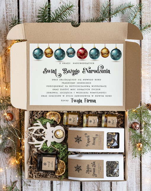 słodkie zestawy  Oryginalne prezenty świąteczne dla pracowników prezenty bożonarodzeniowe z logo zestawy prezentów świątecznych z miodem i herbatą, prezent na święta