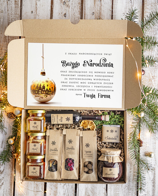 słodkie zestawy  Zestawy Świąteczne dla klientów biznesowych, elegancki słodki zestaw prezentowy dla pracowników bożonarodzeniowe zestawy z miodem, konfiturą, herbatą