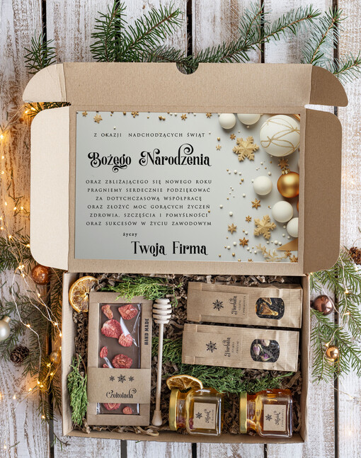słodkie zestawy  eleganckie prezenty biznesowe z czekoladą, prezent swiateczne od firm z logo, drobne prezenty dla pracowników od firmy, firmowe zestawy świąteczne z herbatą