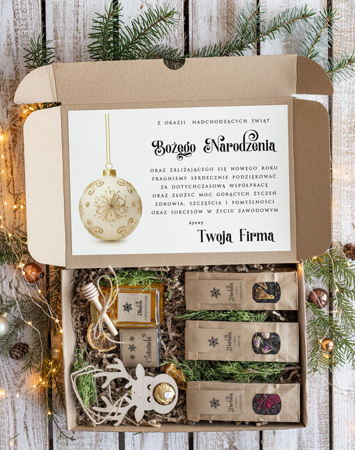 słodkie zestawy  Prezenty świąteczne dla pracowników zestaw herbat, prezenty bożonarodzeniowe z logo zestawy prezentów świątecznych z miodem i herbatą, prezent na święta