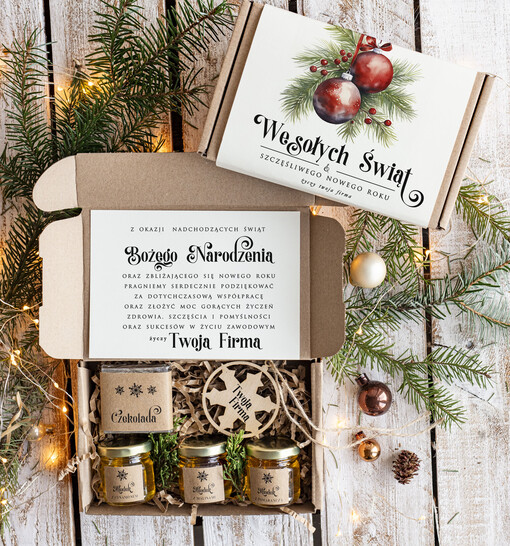 słodkie zestawy  Prezenty świąteczne biznesowe, drobne prezenty swiateczne od firm z logo, drobne prezenty dla pracowników od firmy firmowe zestawy świąteczne z herbatą i miodem