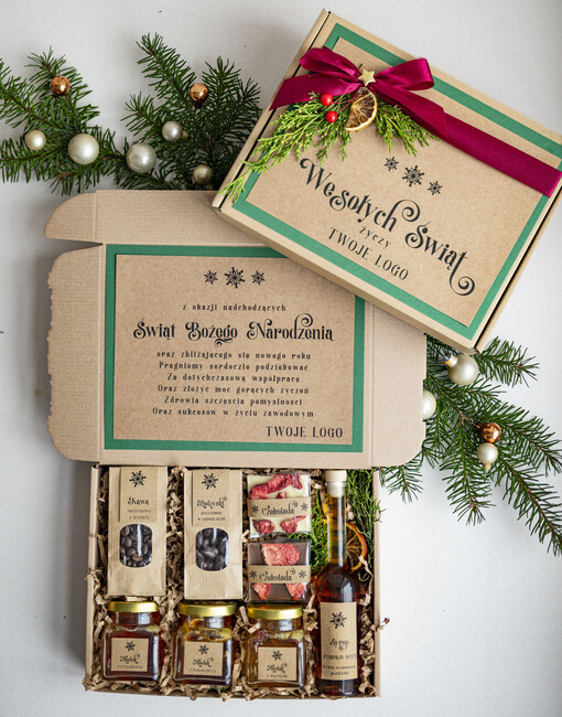 kawa  herbata miód Miody na Prezenty na Boże Narodzenie dla klientów, bożonarodzeniowy prezent biznesowy dla firm herbata i miód, paczki na święta dla pracowników, upominek biznesowy box swiąteczny zestaw z logo