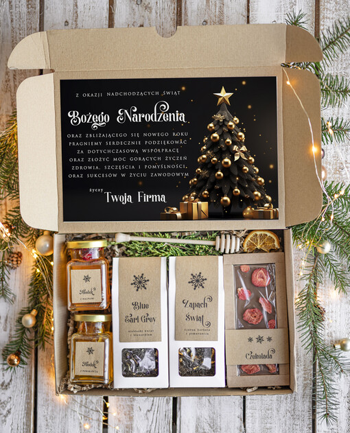 kawa  herbata miód Prezenty na Boże Narodzenie dla klientów, bożonarodzeniowy prezent biznesowy dla firm herbata i miód, paczki na święta dla pracowników, upominek biznesowy box swiąteczny zestaw z logo