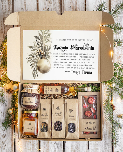 kawa  herbata miód Prezenty na Boże Narodzenie dla klientów, bożonarodzeniowy prezent biznesowy dla firm herbata i miód, paczki na święta dla pracowników, upominek biznesowy box swiąteczny zestaw z logo