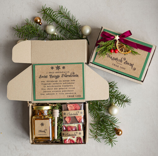 kawa  herbata miód Drobne Prezenty na Boże Narodzenie dla klientów, bożonarodzeniowy prezent biznesowy dla firm herbata i miód, paczki na święta dla pracowników, upominek biznesowy box swiąteczny zestaw z logo