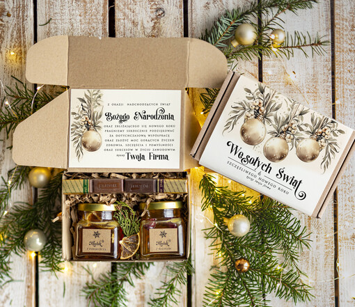 kawa  herbata miód Drobne Prezenty na Boże Narodzenie dla klientów, bożonarodzeniowy prezent biznesowy dla firm herbata i miód, paczki na święta dla pracowników, upominek biznesowy box swiąteczny zestaw z logo