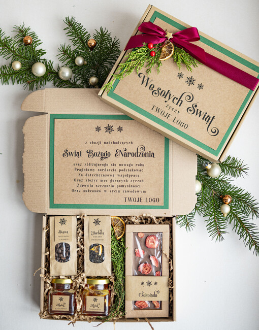 kawa  herbata miód Miody na Prezenty na Boże Narodzenie dla klientów, bożonarodzeniowy prezent biznesowy dla firm herbata i miód, paczki na święta dla pracowników, upominek biznesowy box swiąteczny zestaw z logo