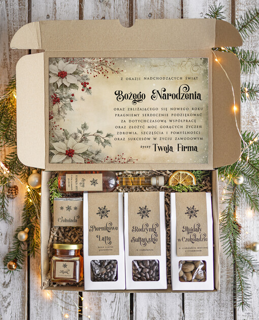 kawa  herbata miód Prezenty na Boże Narodzenie dla klientów, bożonarodzeniowy prezent biznesowy dla firm herbata i miód, paczki na święta dla pracowników, upominek biznesowy box swiąteczny zestaw z logo