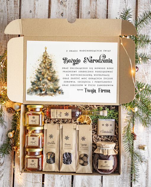kawa  herbata miód Prezenty na Boże Narodzenie dla klientów, bożonarodzeniowy prezent biznesowy dla firm herbata i miód, paczki na święta dla pracowników, upominek biznesowy box swiąteczny zestaw z logo