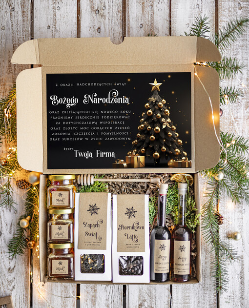 kawa  herbata miód Prezenty na Boże Narodzenie dla klientów, bożonarodzeniowy prezent biznesowy dla firm z kawą i herbatą, paczki na święta dla pracowników, upominek biznesowy box swiąteczny zestaw z logo