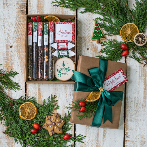 kawa  herbata miód prezenty biznesowe z logo firmy, ręcznie opakowane zestawy aromatyzowana herbata i kawa