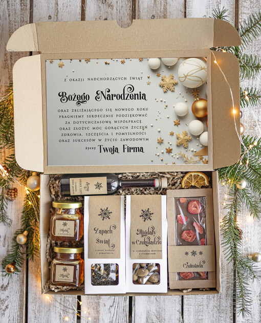 kawa  herbata miód Prezenty na Boże Narodzenie dla klientów, bożonarodzeniowy prezent biznesowy dla firm herbata i miód, paczki na święta dla pracowników, upominek biznesowy box swiąteczny zestaw z logo