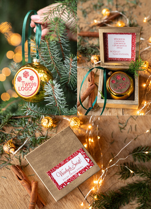 drobne prezenty dla firm Prezent Biznesowy Na Święta z Logo Ekskluzywna Bombka z logo na choinkę z Logo Firmy, życzenia zapakowane w  drewniane pudełko