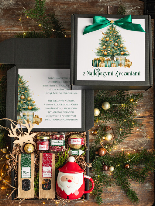 zestawy z kubkiem i filiżanką praktyczny świąteczny dla niej pod choinkę, ciekawy prezenty dla mamy na swieta, box kubek świateczny mikołaj i zestaw do kawy herbaty dla dziewczyny, bozonarodzeniowy prezent dla mamy