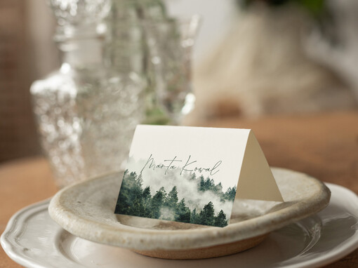 Nowoczesne prosta forma  winietki weselne z grafiką góry i las  delikatna grafika na winietkach ślubnych, proste i eleganckie winietki na stół weselny, wizytówki ślubne ecru z grafiką