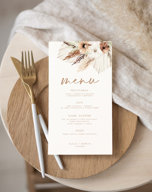 Nowoczesne prosta forma  eleganckie menu na stoły weselne, karta dań na wesele, proste menu weselne w kolorze ecru, karta dań weselnych, menu weselne, plan podawania posiłków