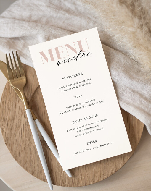 Nowoczesne prosta forma  eleganckie menu na stoły weselne, karta dań na wesele, proste menu weselne w kolorze ecru, karta dań weselnych, menu weselne, plan podawania posiłków