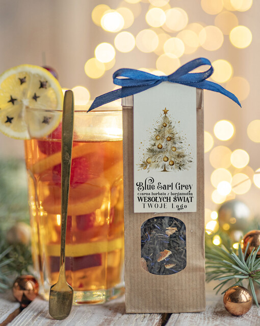 HERBATA KAWA herbata swiateczna prezent, Upominki firmowe na Boże Narodzenie zielona herbata z Earl Grey z blawatkim i bergamotką , Herbata świąteczna drobne prezenty na święta dla pracowników, bożonarodzeniowy prezent herbata świateczna
