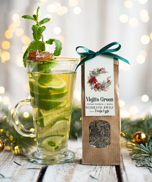 HERBATA KAWA herbata swiateczna prezent, Upominki firmowe na Boże Narodzenie zielona herbata mojito, Herbata świąteczna drobne prezenty na święta dla pracowników, bożonarodzeniowy prezent herbata świateczna